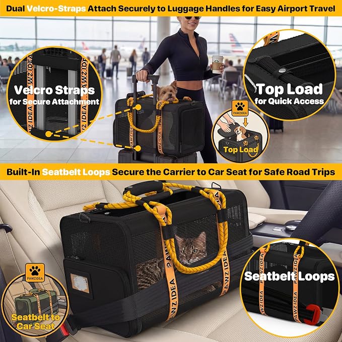 PAWZIDEA Expandable Pet Carrier for Small Cats & Dogs, TSA Airline Approved | 18"×11"×11" Soft-Sided Small Dog Travel Bag, Collapsible Top-Load Cat Carrier for 2 Cats Under Seat, Puppy Car Seat Up 15lbs