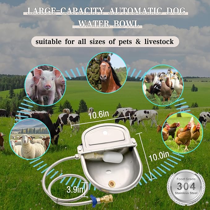 Automatic Dog Water Dispenser with Drain Hole & Drain Valve, Stainless Steel Auto Dog Water Bowl with 2 Float Valves, Hose Quick Connect Fitting, for Livestock, Chicken, Horse (1 Gallon)