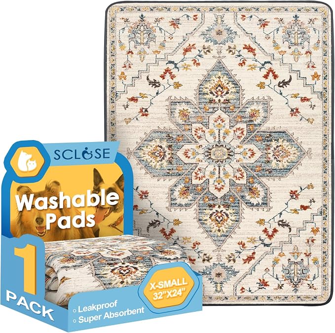 SCLOSE Washable Pee Pad for Dogs, 32" x 24" Reusable Puppy Pads Waterproof Dog Rugs, Super Absorbent, Leakproof, Dog Crate Pad, Playpen Mat, Whelping Pads, White Medallion