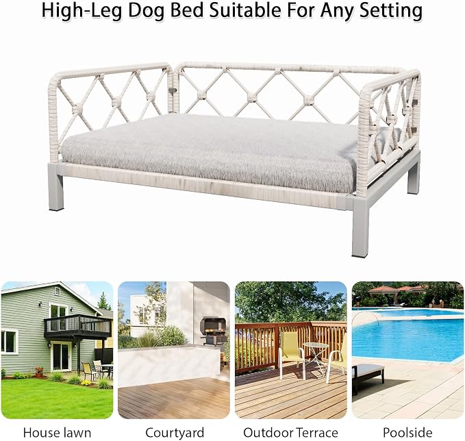 Elevated Indoor & Outdoor Dog Bed for Small Dogs, Durable Rattan Wicker Pet Sofa with Removable Washable Waterproof Cushion, Stylish Dog Couch, White Rattan/Grey Mat