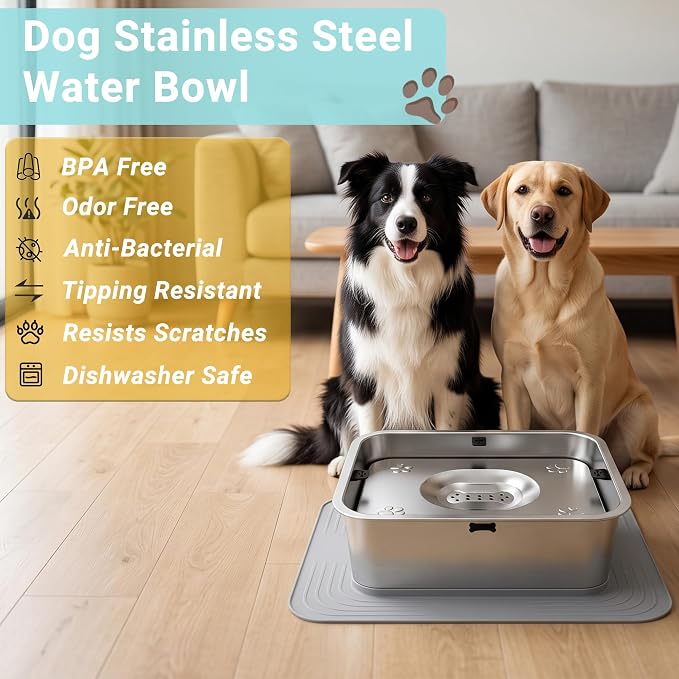 12L/3.17Gal No Spill Dog Water Bowl, Non-Slip Mat for Large Dogs | Spill Proof Water Bowl with 304 Stainless Steel Floating Disk, Slow Drinking Pet Bowl for Messy Drinkers, Indoor/Outdoor