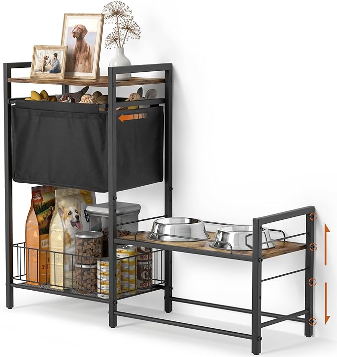 Lomivra Elevated Dog Bowl Stand with Toy Bin Basket, 4 Height Adjustable Raised Feeding Station Cabinet, Lifted Food and Water Bowl Holder, Pet Storage Organizer for Large Medium Small Dogs