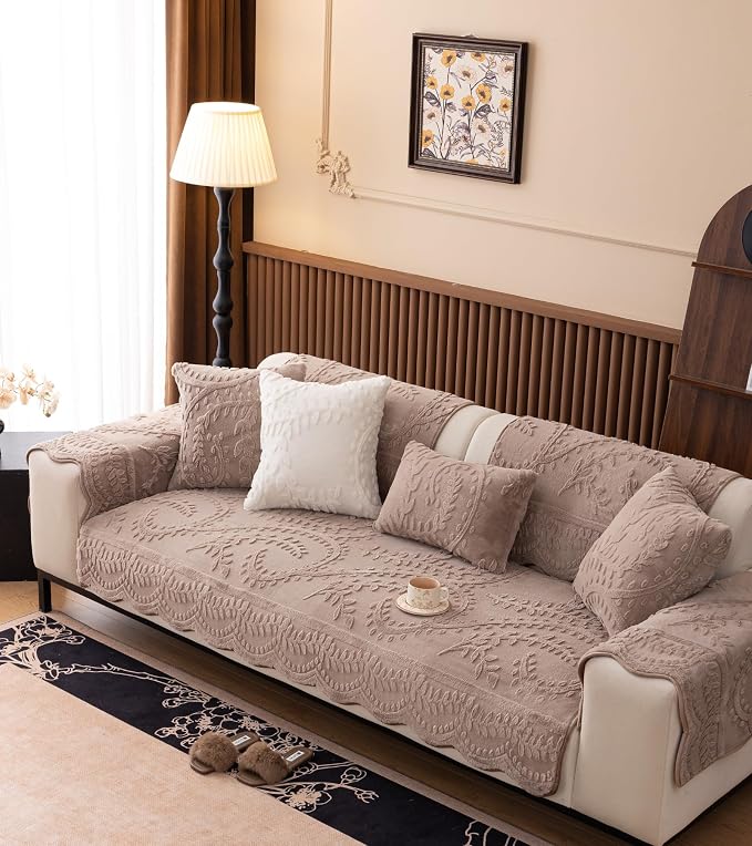 Fuzzy Rabbit Plush Sofa Cover Cozy Warm Sofa Couch Covers with 3D Jacquard Leaf Pattern Non-Slip Easy-to-Install Shaggy Sofa Slipcover Prefect for Kids Dogs Cats Cats(Cream Coffee,36"x70")