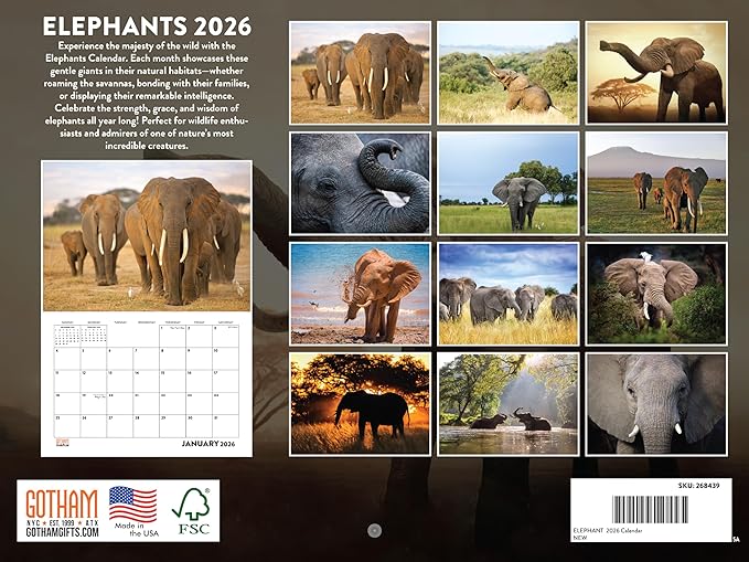 Elephant Calendar 2026 Monthly Wall Calender 12 Month Elephants For Elephant Lovers Women Men| American Made In The USA