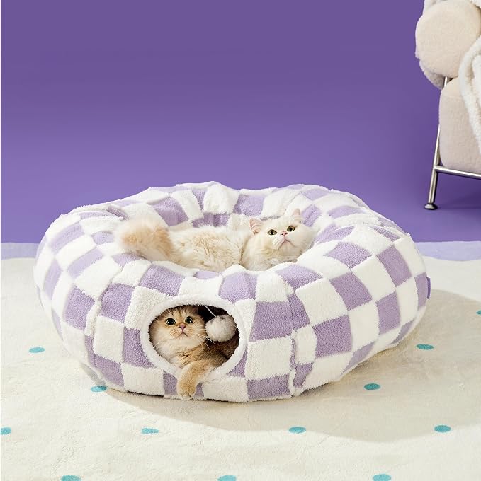 Lesure Donut Cute Jacquard Cat Tunnel Bed Kitten Toys for Puppy Bunny | 33.5x33.5x10in,Round Cat Bed Tube for Indoor Cats Rabbit Dog,Pet Peekaboo Cave Toy,Spiral Hideaway,Washable Cushion,Lavender