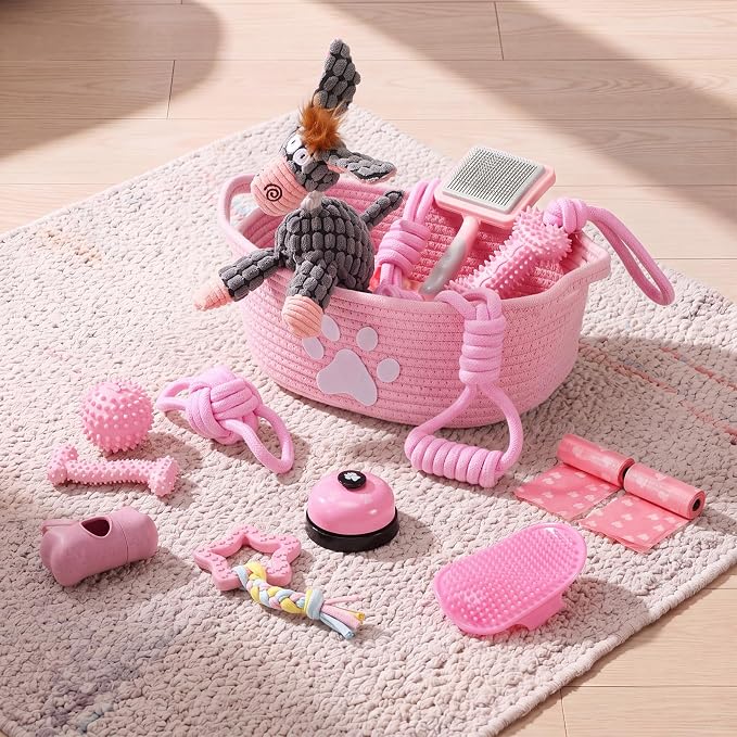 Zopeal 17 Pcs Summer Puppy Gift Set, Dog Toy & Essentials Bundle with Chew Toys, Poop Bag Dispenser, Grooming Brush, Training Bell, Blanket & Rope Basket (Pink,Donkey)