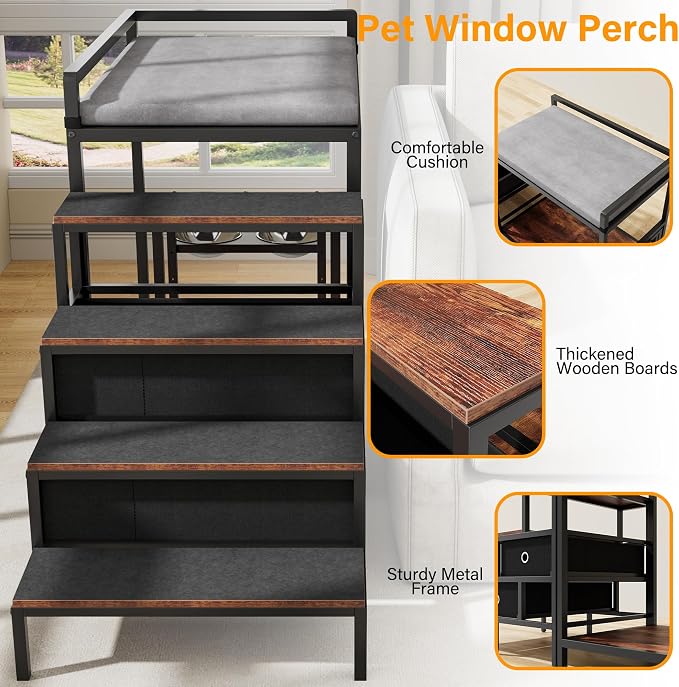 kepptory Dog Window Perch with 360° & Adjustable Raised Feeder, Pet Stairs Ramp with Seat with Stairs and Storage, Pet Bunk Bed with Small Pet Step