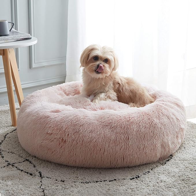 Western Home Calming Donut Small Dog Cat Bed Washable Puppy Bed,24" Pink | Fluffy Faux Fur Round Cuddler,Anti-Anxiety,Anti-Slip Bottom,Pet Beds for Puppy&Small Dogs&Large Cat,Up to 25 LBS