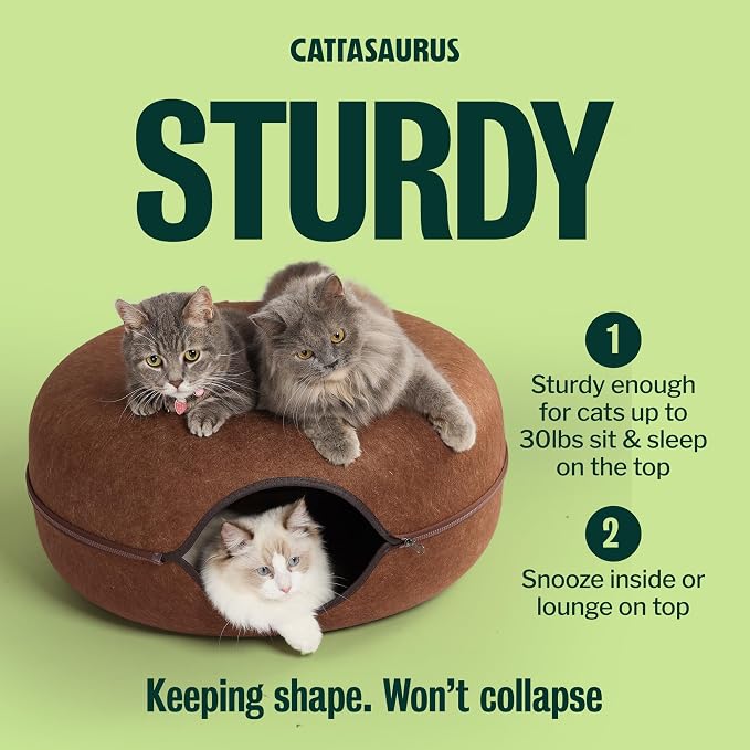 Peekaboo Cat Cave Donut for Multiple & Large Cats up to 30-45 lbs, 3-in-1 Self Warming Cat Bed, Tunnel & Scratcher for Indoor Cats, Washable & Detachable Small Dog Bed (Brown, Large)