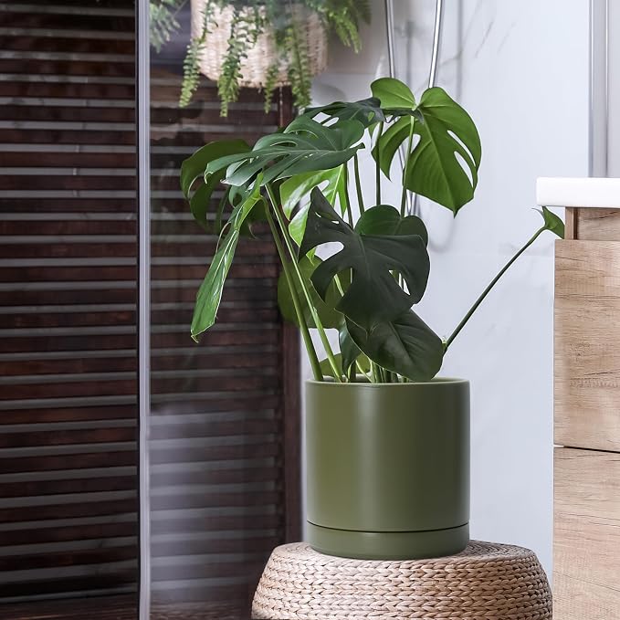 D'vine Dev 10 Inch Ceramic Planter Pot, Olive, 94-O-E-J | Modern Cylinder Design, Drainage Hole & Saucer Included, Stable Structure, Elegant Home Accent