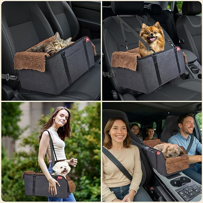 Center Console Dog Car Seat for Small Pets to 11lbs, Brown | Anti-collapse armrest Console seat with washable fluffy cushion, pillow & tether for stable, cozy pet travel trips.