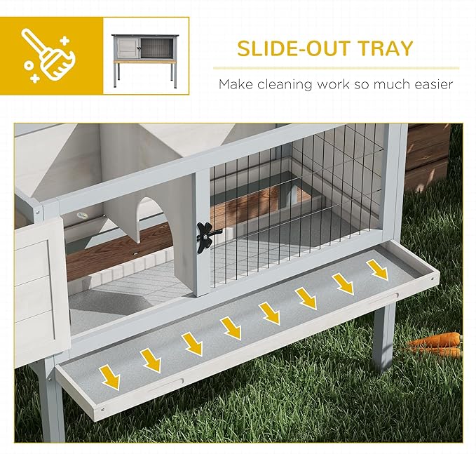 PawHut Elevated Wooden Rabbit Hutch, Indoor/Outdoor Bunny Cage with Hinged Asphalt Roof and Removable Tray for Guinea Pig, Light Gray