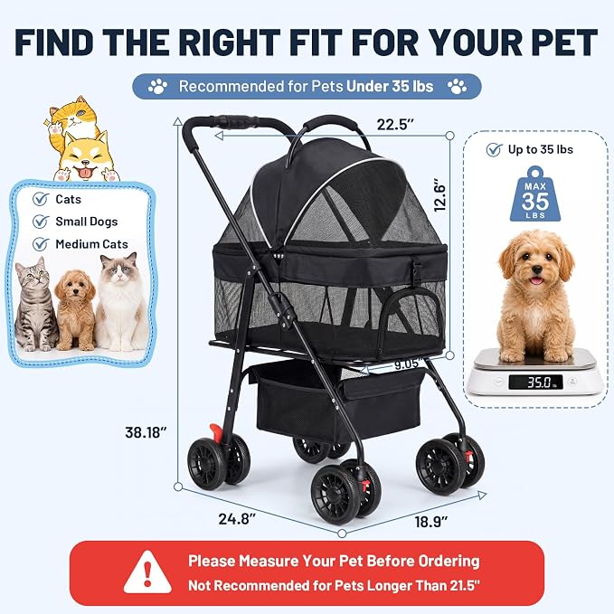 Dog Stroller for Small Dogs, Panoramic Mesh Pet Cat Stroller with Detachable Carrier, Foldable Pet Stroller up to 35 lb, with Safety Tether, Puppy Doggie Stroller for Medium Dogs 20 lbs Black