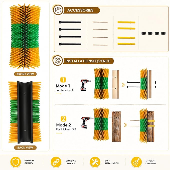 Bionic Curve Livestock Scratching Brush for Cattle, Cows, Goats, Horses and Pigs - Body-Contoured Farm Animal Scratcher Post, Heavy Duty Livestock Grooming Brush with 8 Screws, 2 Pack