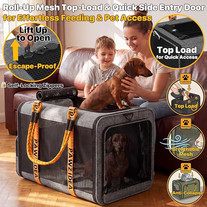 PAWZIDEA Expandable Large Pet Carrier, Soft-Sided 2–4 Cats Carrier Up 55lbs | 24"×16"×16" Collapsible Small to Medium Dog Carrier Travle Bag, Portable Dog Crate for Car Travel, Breathable, Storage Pocket