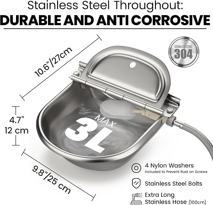 Automatic Animal Drinking Water Bowl with 2 Float Valves-304 Stainless Steel Automatic Water Dispenser for Dogs & Farm Animals, Auto-Refill, Leakproof Drain Hole, Extra Long 100cm Hose