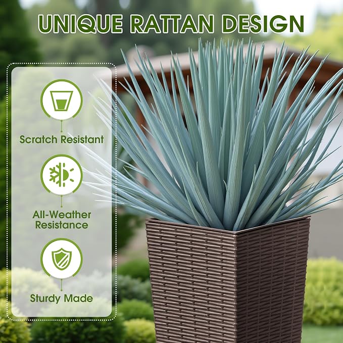 Devoko Resin Tall Planters for Outdoor Plants Set of 2, Large Taper Outdoor Planter Pots with 4 Drainage Holes, Flower Pots Modern Decor for Porch, Patio, Backyard, Garden(Brown, 23.6" with Trays)