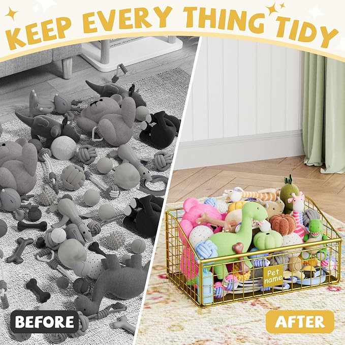 Kaiferty Indestructible Dog Toy basket, Medium Toy Box for Dogs,Pet Toy Bin Dog Metal Basket for Toys, Toy Storage Organizer, Toy Box for Living Room Area (Gold)