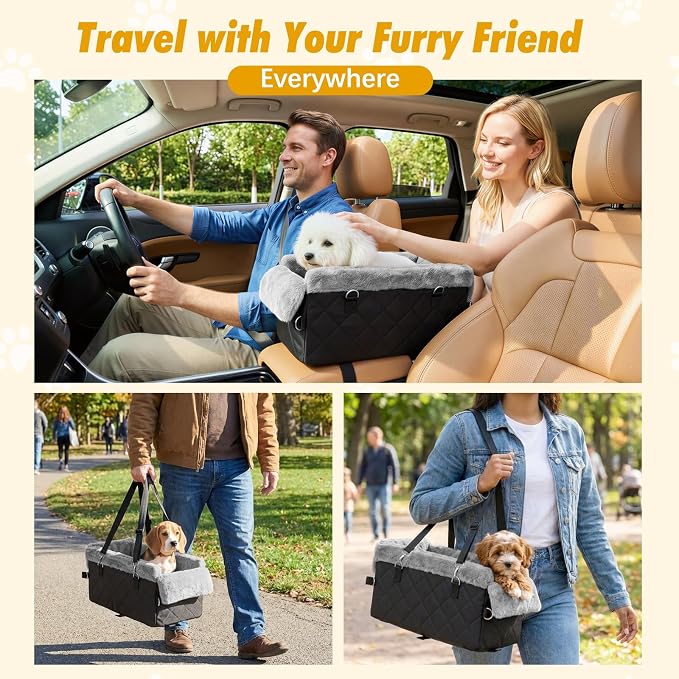Center Console Dog Car Seat for Small Dogs&Cats Under 12 LBS | Puppy Car Seats with Non-Slip&Strong Support, Anti-Collapse Portable Pet Bed for Puppies with Soft Cushion Safety Belt, Black