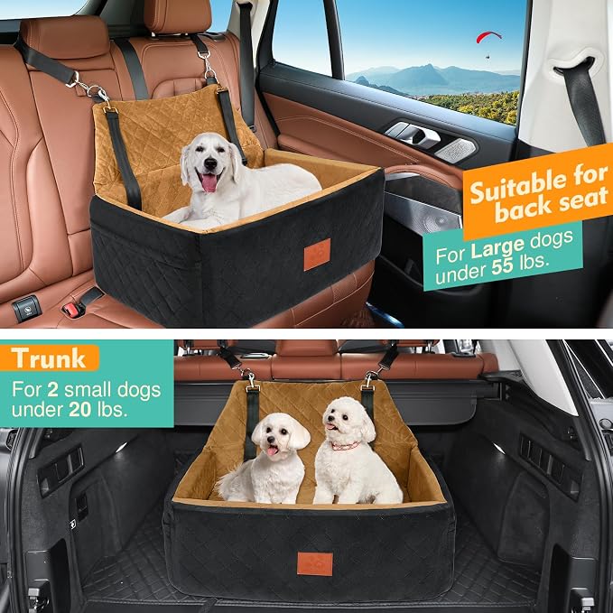 Dog Car Seat for Large Medium Sized Dogs, Washable Car Dog Bed Under 55 lbs | Dog Booster Seat for 2 Small Dogs, Elevated Cushion, Detachable Cover, Pet Car Seat with Storage Pockets, 2 Safety Belts