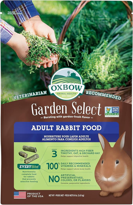 Oxbow Garden Select Rabbit Food, Adult, Made with Oxbow Timothy Hay for Rabbit, Bunny Food Pellets, Non-GMO, No Soy or Wheat, Small Animal Pet Products, Made in USA, High Fiber, 8 lb. Bag