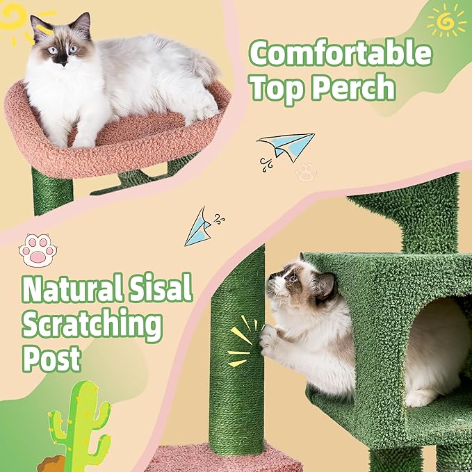 AIWIKIDE Cactus Cat Tree has Scratching Toy with a Ball Activity Centre Cat Tower Furniture Jute-Covered Scratching Posts, Green …