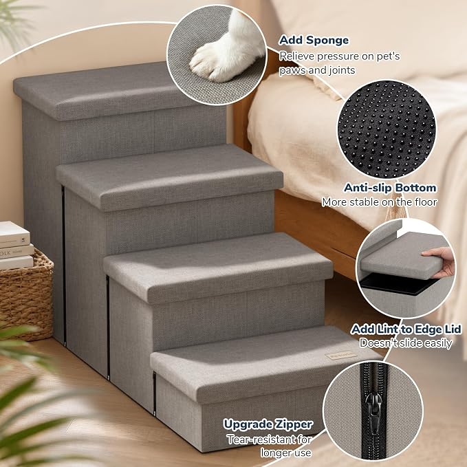 4-Step Wide Dog Stairs with Storage 23" H, Non-Slip Sturdy Pet Steps for High Bed Couch Window, Pet Stairs for Small/Medium/Large Old Dogs Cats Up to 220lbs, Cat Dog Steps for Car, Light Grey