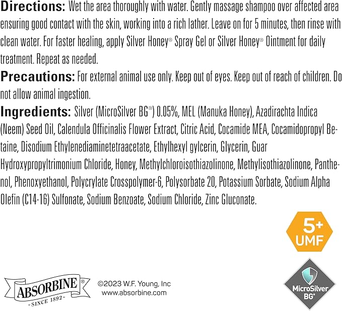 Absorbine Silver Honey Rapid Skin Relief Medicated Shampoo, Medical Grade Manuka Honey & MicroSilver BG, Rejuvenating, Soothing & Hydrating, 16 fl oz