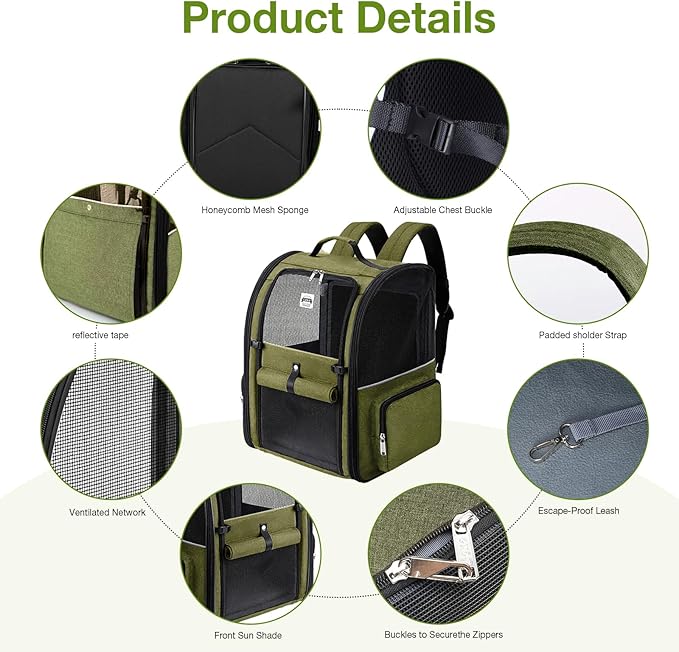 Large Cat Backpack Carrier Expandable Pet Carrier Backpack for Small Dogs Medium Cats Fit Up to 18 Lbs, Dog Backpack Carrier, Foldable Puppy Backpack Carrier for Travel,Dark Green, Large