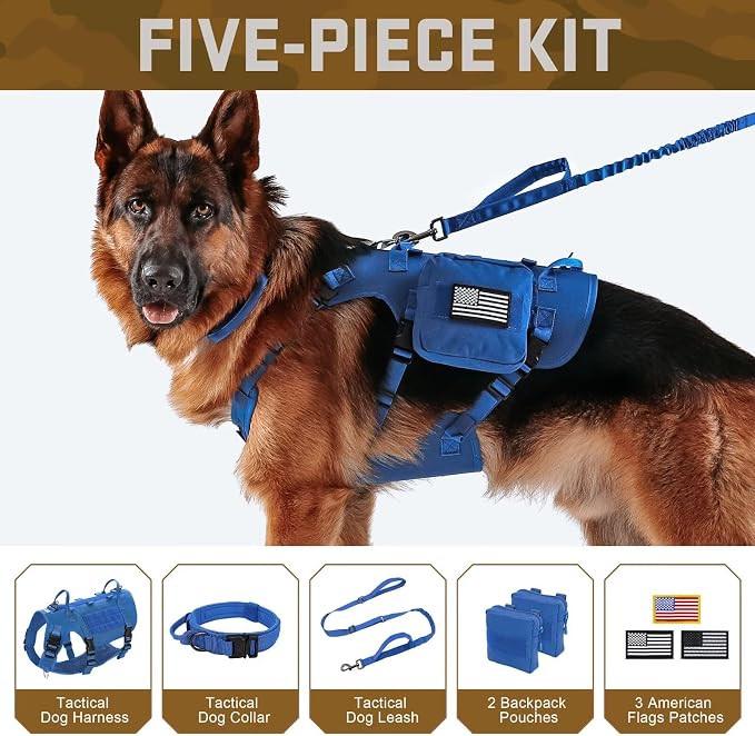 Forestpaw Tactical Dog Harness for Medium Dogs,Tactical Dog Collar with Bungee Leash Set,No Pull Military Dog Harness for Walking Training,Adjustable for Medium Dogs,Blue,Chest 22-35"