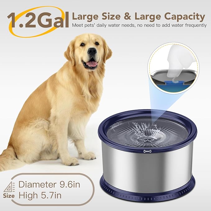 4.5L Stainless Steel Dog Water Bowl, No Spill Water Bowl for Dogs | Large Capacity, Slow Drinking Feeder, Splash Proof, with Anti-Slip Mat, Dishwasher Safe, Sturdy, Suitable for Mess Drinkers