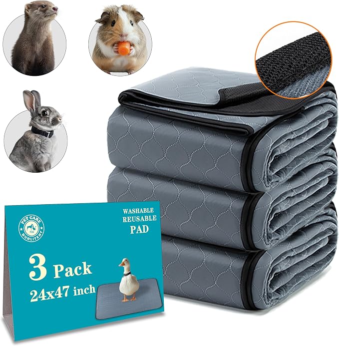 Bunlitent Washable Guinea Pig Cage Liner, 24x47 (3 Pack), for Small Animals | Waterproof, Reusable, Anti Slip, Guinea Pig Bedding Fast and Super Absorbent Pee Pad for Midwest Cage Area, Grey