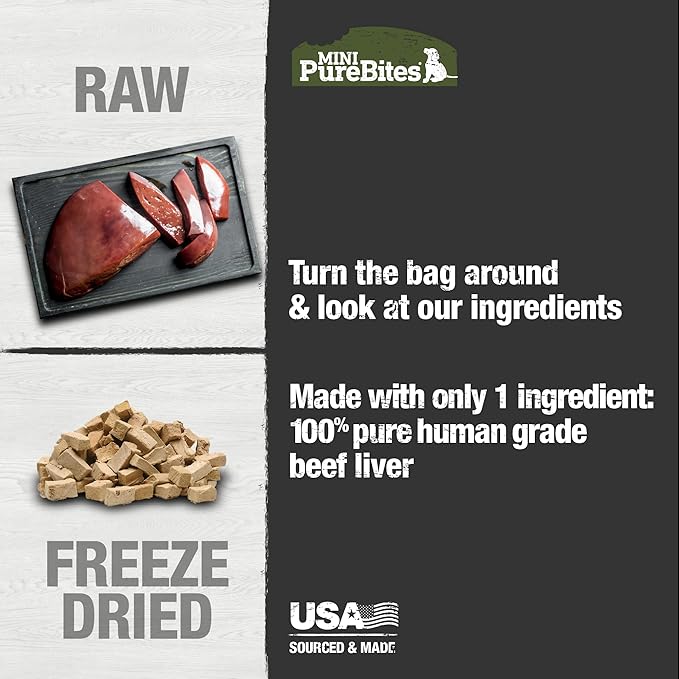 PureBites Mini Beef Liver Freeze Dried Dog Treats, 1 Ingredient, Made in USA, 9.5oz