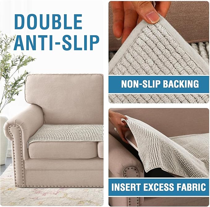 H.VERSAILTEX Plush Chenille Couch Cover for 3 Cushion Couch Anti Slip Washable Sofa Slipcovers Soft and Durable Furniture Protector for Dogs Cats Kids (27.5" x 82", Oatmeal)
