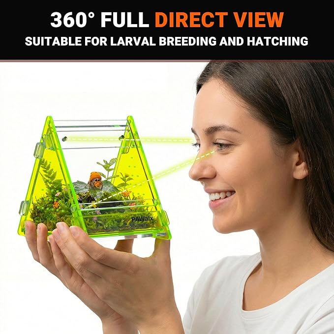 Triangular Jumping Spider Enclosure, Acrylic Terrarium with Magnetic Doors, 0.8mm Micro-Ventilation& Escape-Proof Design for Tarantulas, Lizards, Small Pets (Green,3.5”x3.5”x3.5”)