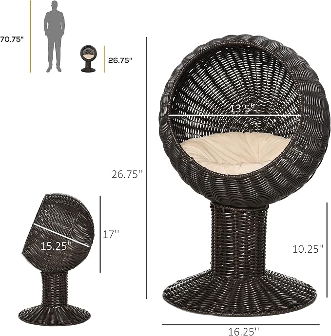 PawHut Elevated Cat Bed with Rotatable Egg Chair Pod, Cat Basket Bed with Thick Cushion, Natural Mat Grass Woven Kitty House, Coffee | Cat Basket Bed, Natural Mat Grass Woven Kitty House