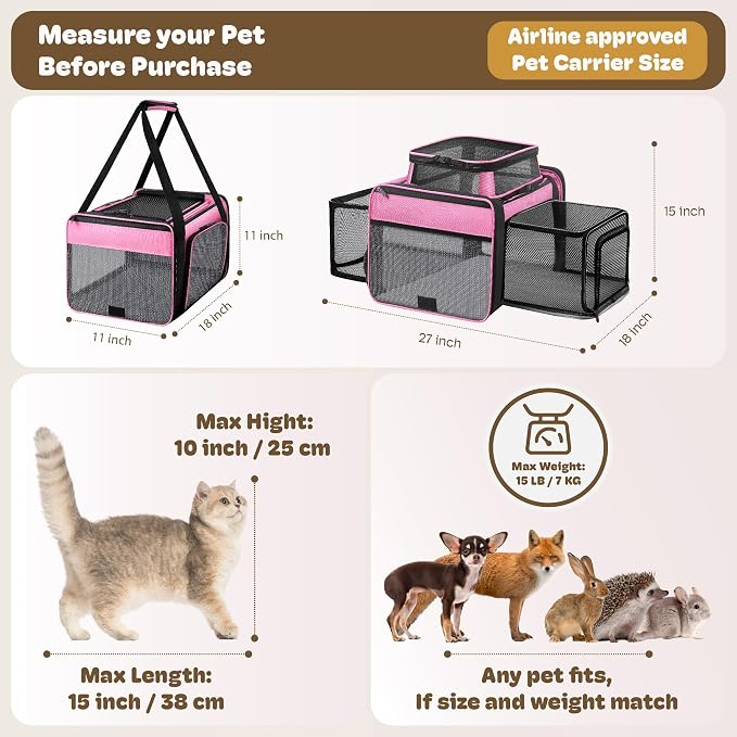 Top and 2 Sides Expandable Cat Carrier 18x11x11, TSA Airline Approved Dog Carriers for Small Dogs, Soft-Sided Pet Carrier with Self-Locking Zippers for Kitten,Rabbit, Puppy, Guinea Pig Pink