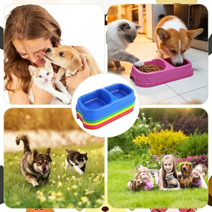 15 Pcs Plastic Cat Dog Food Water Bowl Set Double Pet Dog Food Bowl for Small Medium Size Puppies Cats Kennel Cattery, 5 Assorted Colors