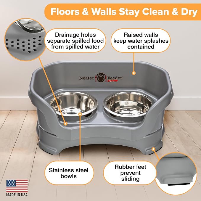 Neater Pet Brands Neater Feeder Deluxe Mess Proof Cat Bowls Elevated, Made in USA, No Spill Raised Bowls for Indoor Cats, Stainless Steel Food and Water Bowl Set, Pet Dish Feeding Station, Gunmetal
