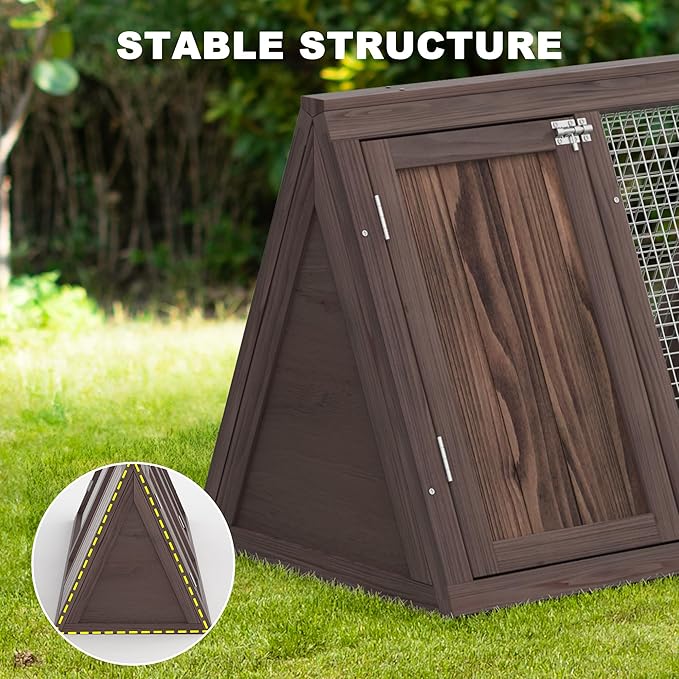 Small Chicken Coop, Rabbit Hutch Outdoor, Wooden Triangle Rabbit Cage with 2 Door & Poultry Run, Portable Bunny Hutch for Chicken, Rabbit, Guinea Pigs, Hedgehog, Small Animals (Rustic Brown)