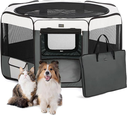 Dog Playpen Portable Pet Play Pens for Small Dog/Cat/Rabbit/Chicks, Cat Playpen Indoor/Outdoor with Carring Case, Removable Zipper Top and Bottom (Gray, Extra Large (55"x55"x30"), 8)