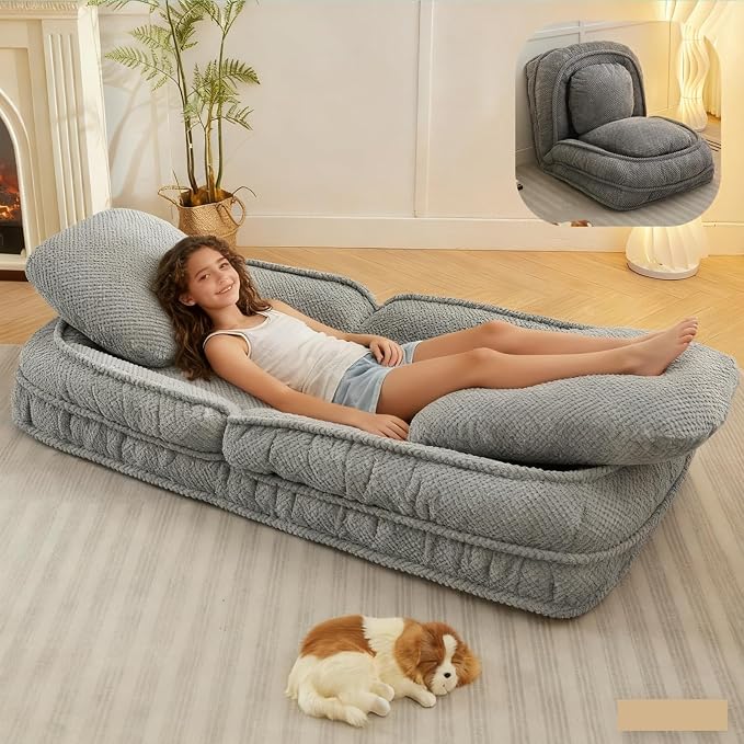 Foldable Lazy Sofa Bed with 5 Levels Adjustable Backrest, Gray | Comfy Upholstered Human Dog Bed for Adults and Pets, Lazy Floor Lounger with 2 Soft Cushions for Living Room Bedroom
