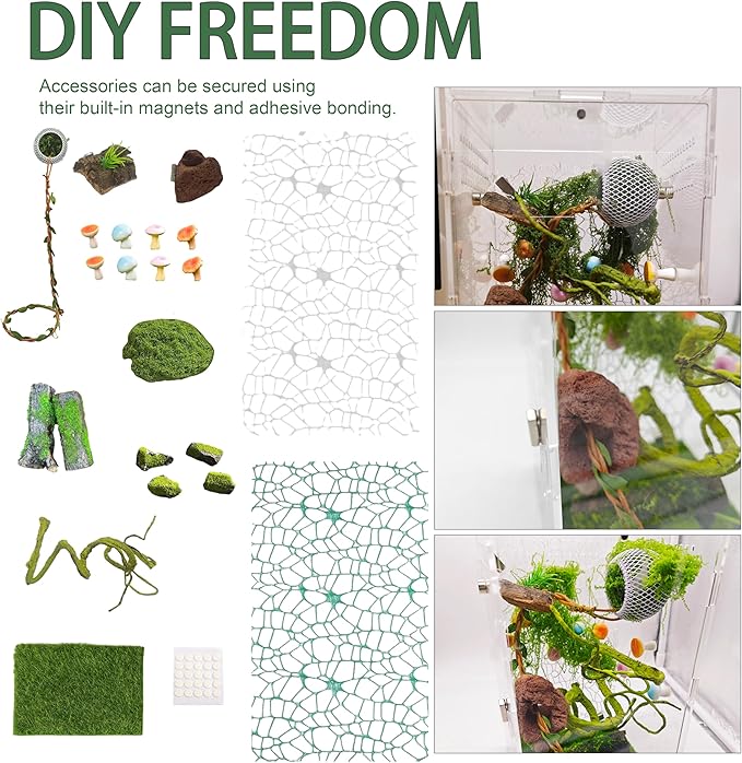 22 Pcs Jumping Spider Enclosure Decor Accessories, Terrarium Landscaping Kit with Mossy Wood, Green Vine, Mesh, Mini Mushrooms & Grass Mat for Tarantula Reptile Habitat Decoration