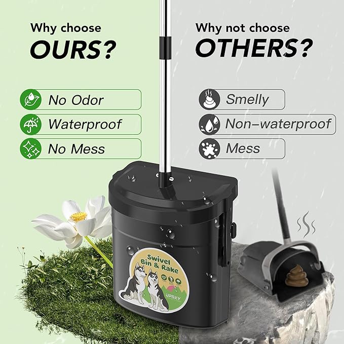 UPSKY Dog Pooper Scooper Swivel Bin & Rake Kit with 100 Waste Bags, 33.4" Stainless Steel Long Handle Heavy Duty Pet Poop Shovel for Large Medium Small Dogs, Odor-Proof Lid for Yard/Lawn/Outdoor Use