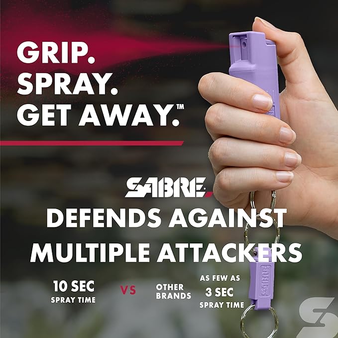 Sabre Pepper Spray - Quick Release Keychain for Easy Carry & Fast Access, Max Police Strength Self Defense OC Spray with UV Dye, 10 Sec. Spray Time, Finger Grip - Faster Aim, 0.54 fl oz,Secure Safety