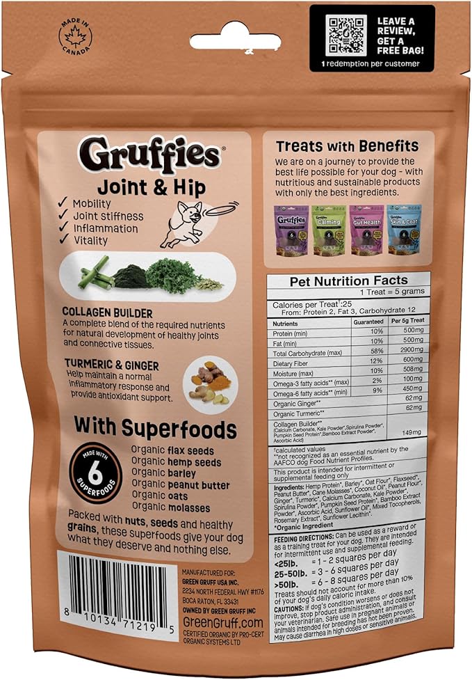 Gruffies Organic Hip & Joint Dog Treats Natural Joint Supplement for Dogs with Turmeric & Ginger, Healthy Peanut Butter Treats for Mobility, Vet Approved, Non-GMO, Made in Canada, 6 oz (Pack of 6)