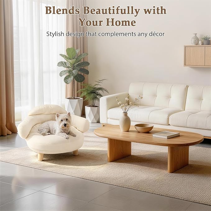 White Cat Sofa Bed, Furniture Style Pet Couch with Pine Wood Legs | Removable Cotton Velvet Cover, Cozy Cushion Design, Stylish Home Décor Pet Furniture for Cats and Small Dogs