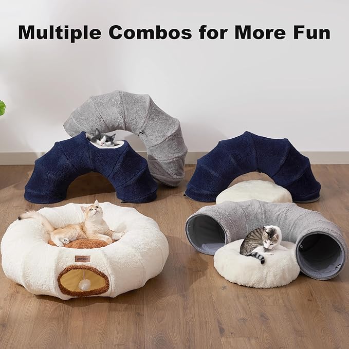 ZOMISIA Cat Tunnel Bed for Indoor Cats, Cute Cat Donut Toy Tunnel for Small Large Cats, Peekaboo Pet Cave Play Tunnel Toys for Kitten/Rabbit,Beige