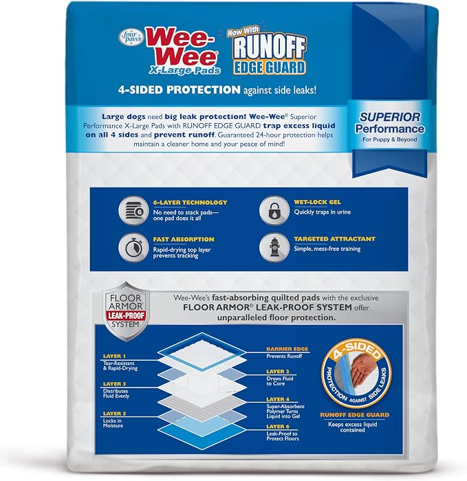 Four Paws Wee-Wee Superior Performance X-Large Dog Pee Pads, 21 Count | Puppy & dog potty training pads, housebreaking supplies, xl puppy pads, pet supplies, 24-hour floor protection, 28" x 34"