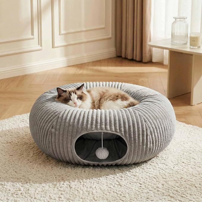 Cat Tunnel Bed for Indoor Cats, Peekaboo Cat Cave Bed,Soft Cat Donut Tunnel for Kitten Large Cats, Grey